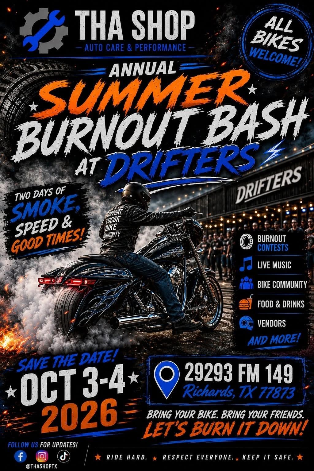 Motorcycle event flyer for Burnout Bash at Drifters